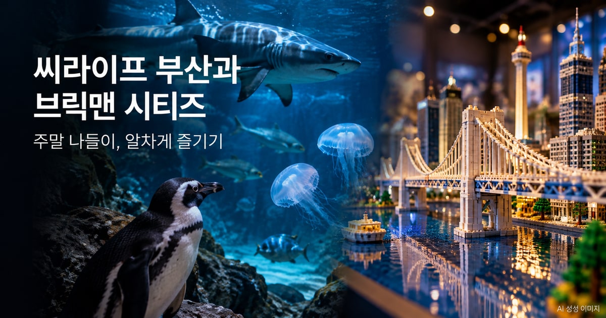 씨라이프 부산과 브릭맨 시티즈 나들이를 표현한 사진형 AI 이미지 · 실제 시설 촬영 사진이 아닙니다.