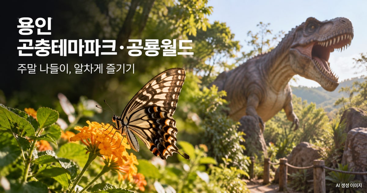 용인 곤충테마파크·공룡월드 나들이를 표현한 사진형 AI 이미지 · 실제 시설 촬영 사진이 아닙니다.